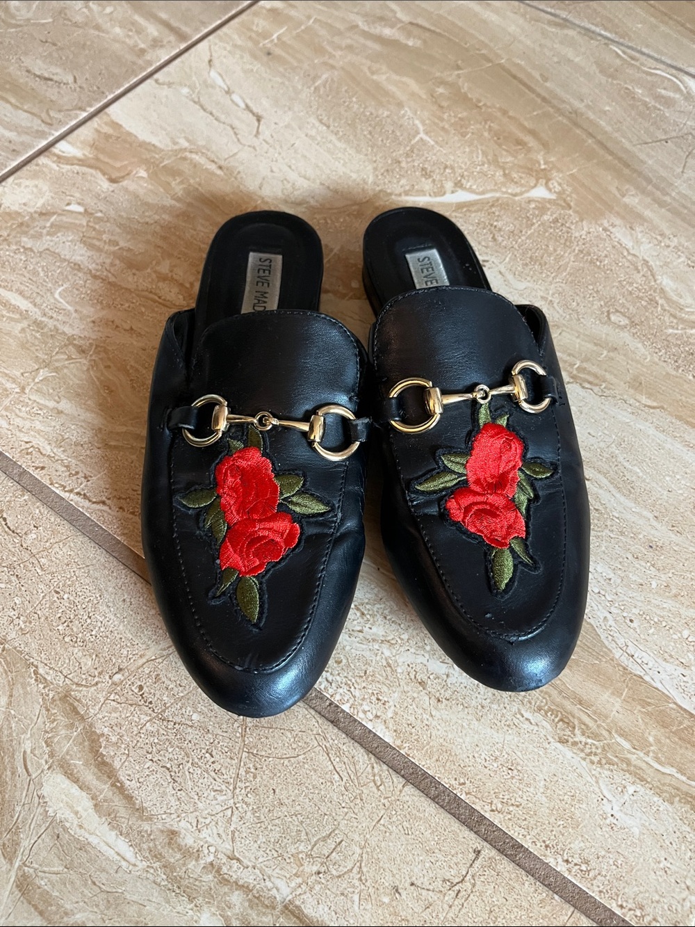 Steve Madden Black Leather Mules with Red Rose Embroidery